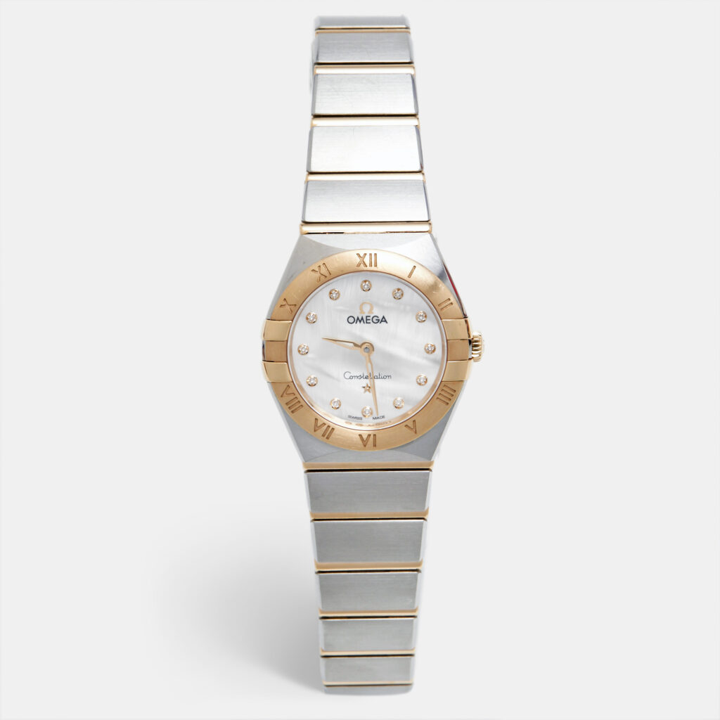Omega Mother Of Pearl Diamond 18K Yellow Gold Stainless Steel Constellation 131.20.25.60.55.002 Women's Wristwatch 25 mm