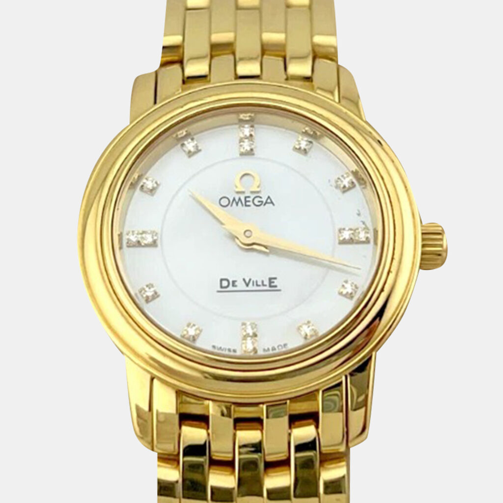 Omega De Ville Prestige 41707600 Quartz Mother of Pearl Diamond 18K Yellow Gold Women's Wristwatch 22 mm Omega De Ville Prestige 41707600 Quartz Mother of Pearl Diamond 18K Yellow Gold Women's Wristwatch 22 mm