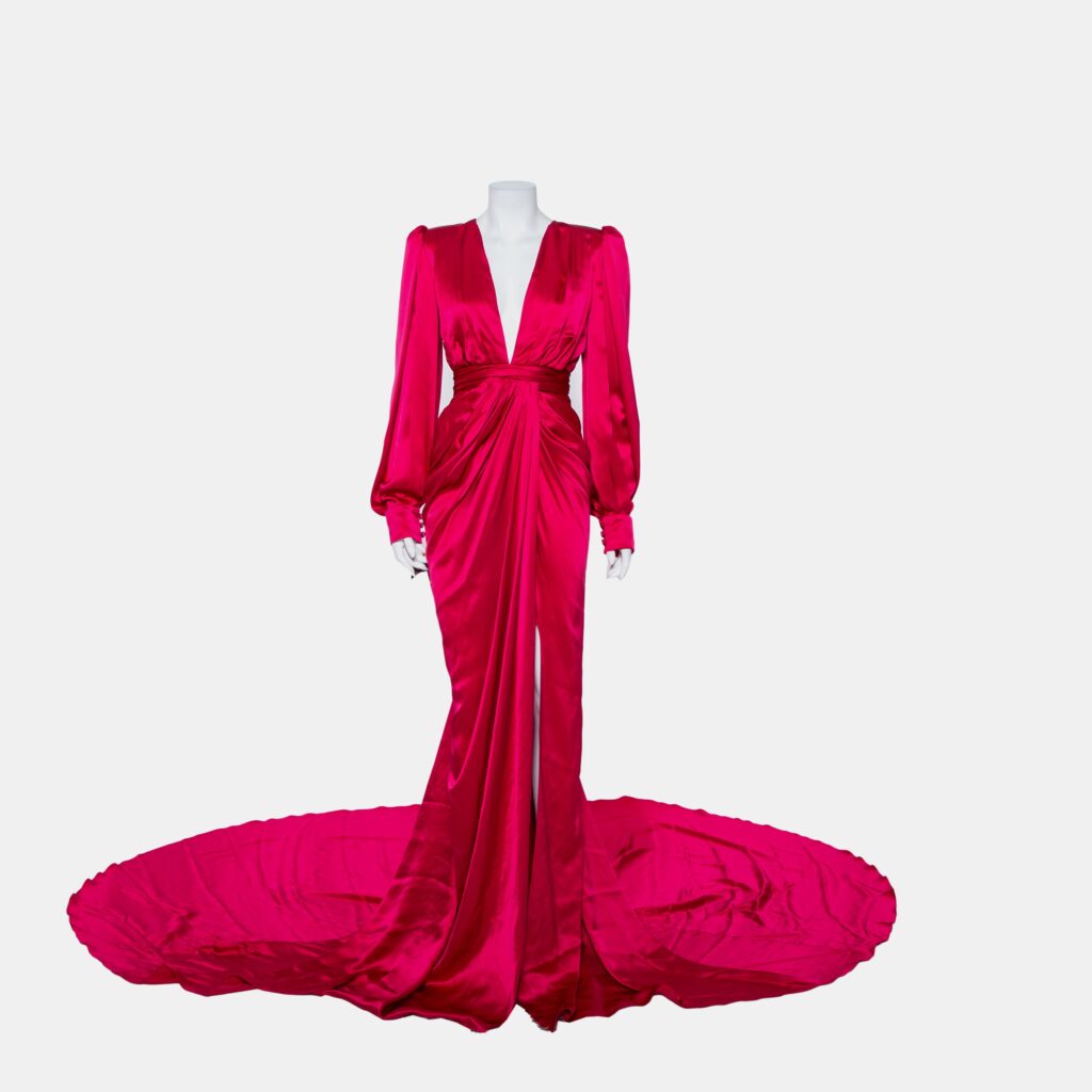 luxury-women-ong-oaj-pairam-used-clothes-p437724-009.jpg Ong-Oaj Pairam Fuschia Pink Silk Satin Plunge Neck Trail Detail Angelica Gown M
