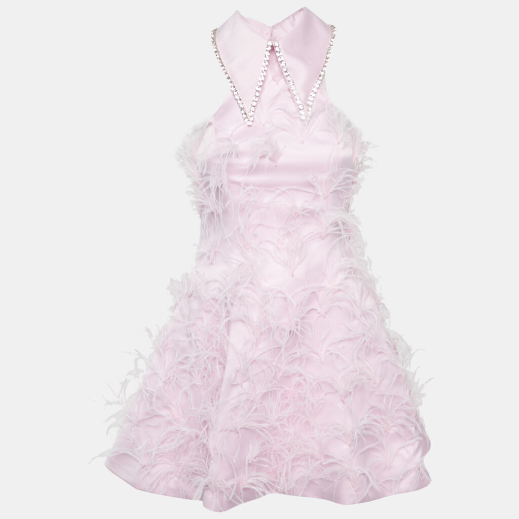 Onori Pink Satin Feather Trim The Grace Mini Dress M