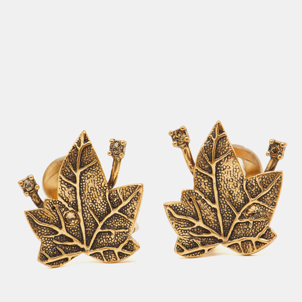 Oscar de la Renta Crystal Gold Tone Leaf Motif Clip-on Earrings Oscar de la Renta Crystal Gold Tone Leaf Motif Clip-on Earrings