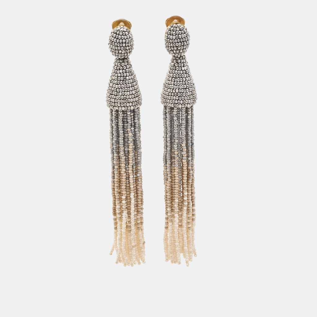 Oscar de la Renta Multicolor Beaded Gold Tone Tassel Clip on Earrings