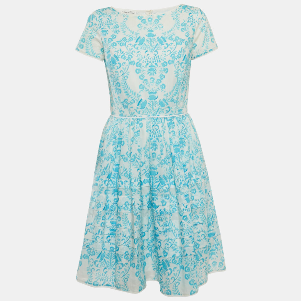Oscar de la Renta Blue & White Printed Cotton Mini Dress S Oscar de la Renta Blue & White Printed Cotton Mini Dress S