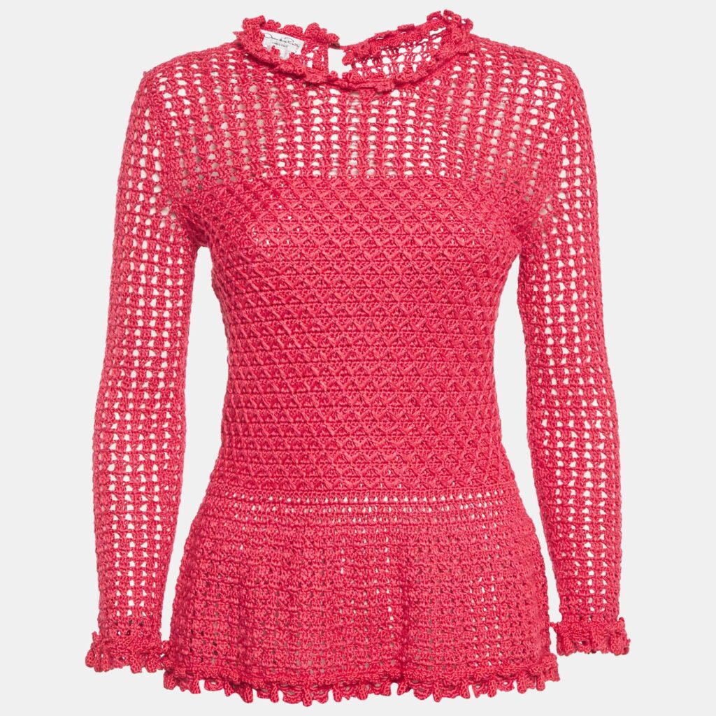 Oscar de la Renta Pink Crochet Sheer Top S