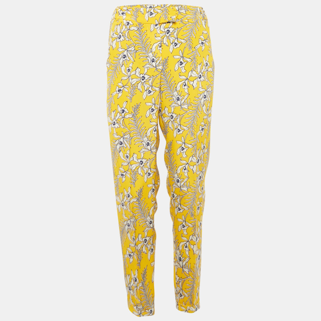 Oscar de la Renta Yellow Floral Print Silk Crepe Trousers S Oscar de la Renta Yellow Floral Print Silk Crepe Trousers S