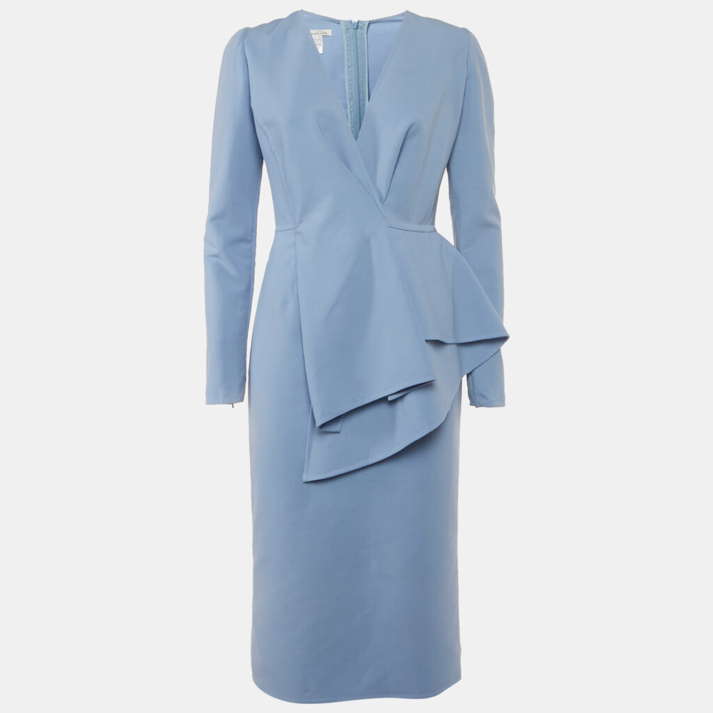 Oscar de la Renta Blue Crepe Ruffled Midi Dress XL