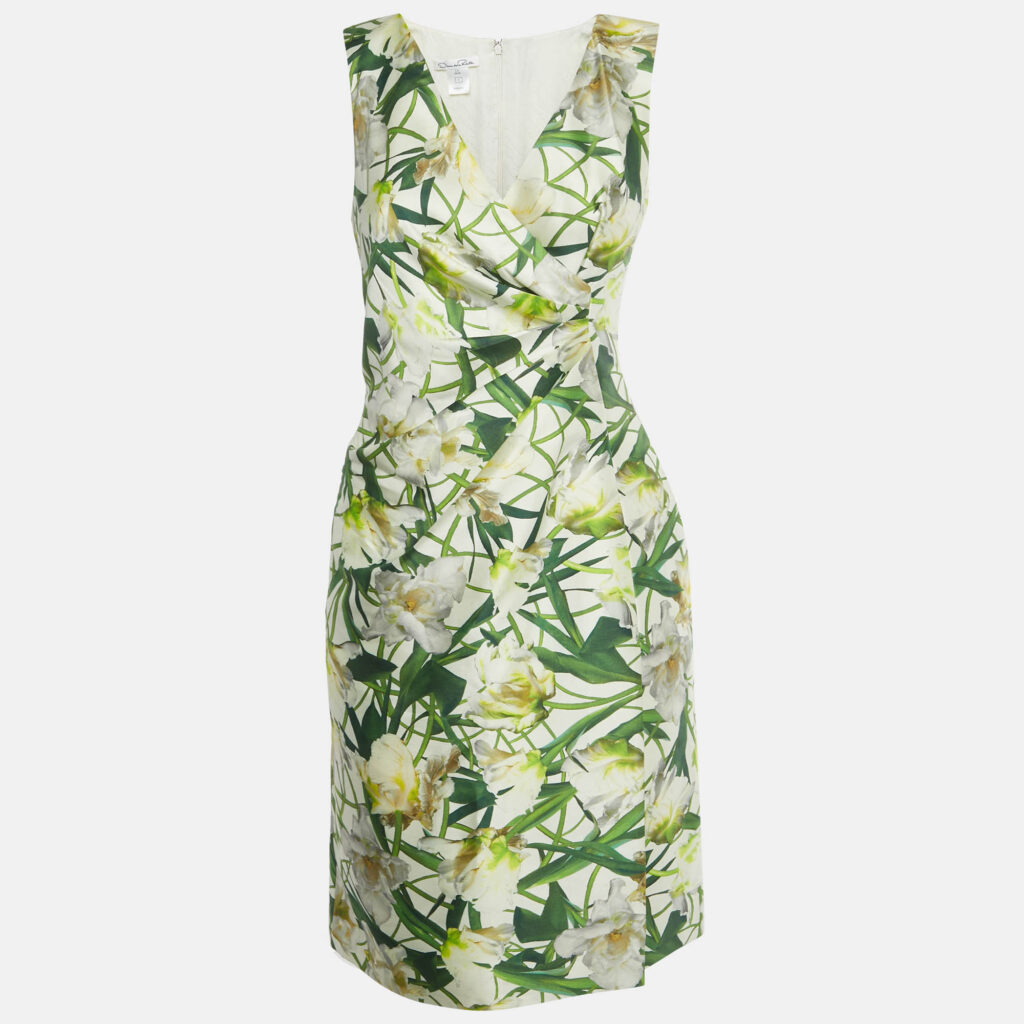 Oscar de la Renta White Floral Print Silk & Wool Plunge Neck Short Dress S Oscar de la Renta White Floral Print Silk & Wool Plunge Neck Short Dress S