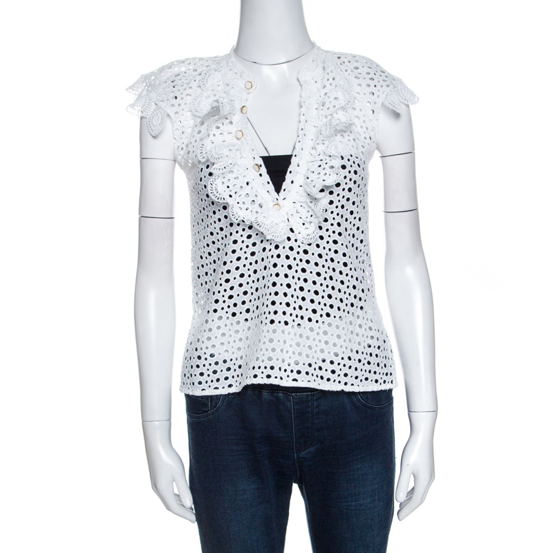 Oscar de la Renta White Eyelet Lace Ruffle Detail Top M Oscar de la Renta White Eyelet Lace Ruffle Detail Top M