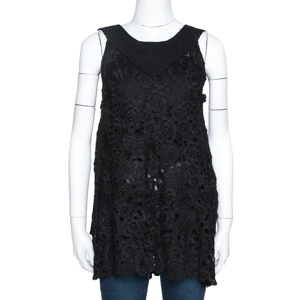 Oscar de la Renta Black Silk Crochet Knit Sleeveless Top S Oscar de la Renta Black Silk Crochet Knit Sleeveless Top S