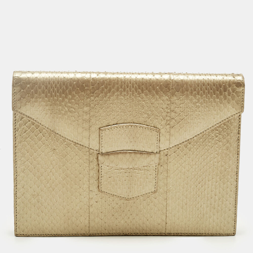 Oscar De La Renta Gold Watersnake Leather Small Grafton Clutch