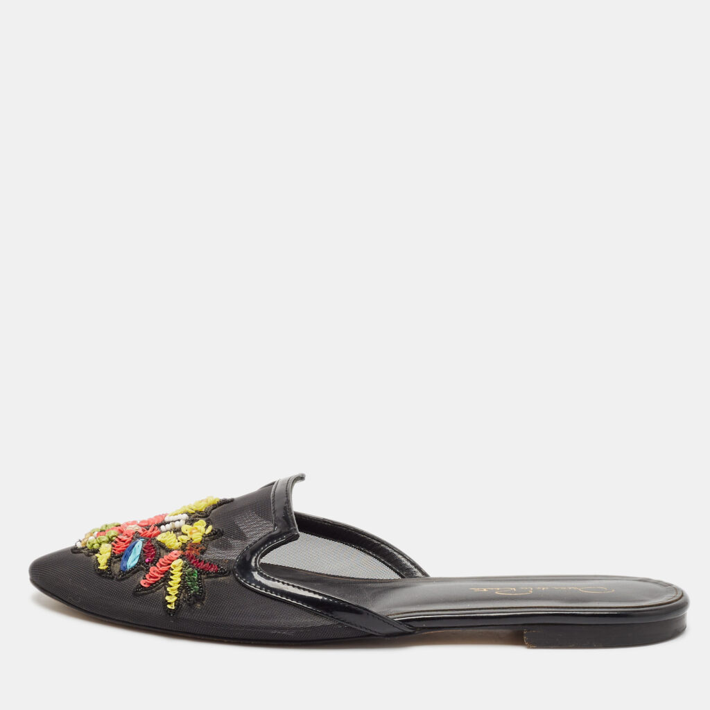 Oscar de la Renta Black Mesh And Patent Leather Embellished Flat Mules Size 41 Oscar de la Renta Black Mesh And Patent Leather Embellished Flat Mules Size 41