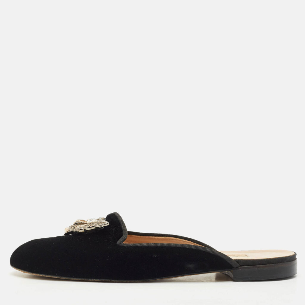 Oscar de la Renta Black Velvet Crystals Embellished Flat Mules Size 41 Oscar de la Renta Black Velvet Crystals Embellished Flat Mules Size 41