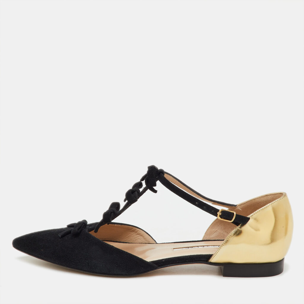 Oscar de la Renta Black/Gold Suede and Leather Bow Accents Flats Size 37 Oscar de la Renta Black/Gold Suede and Leather Bow Accents Flats Size 37