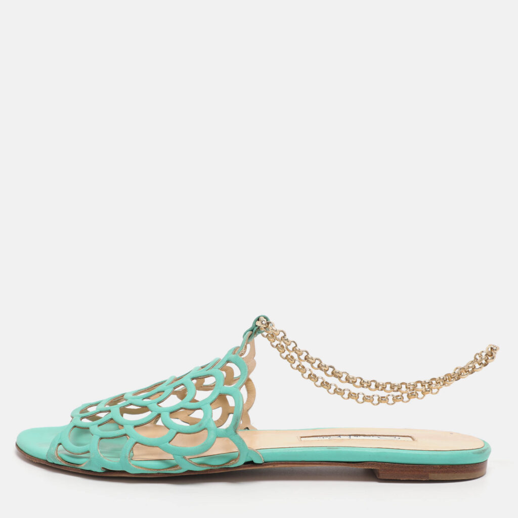 Oscar de la Renta Green Leather Begonia Chain Flats Size 39.5