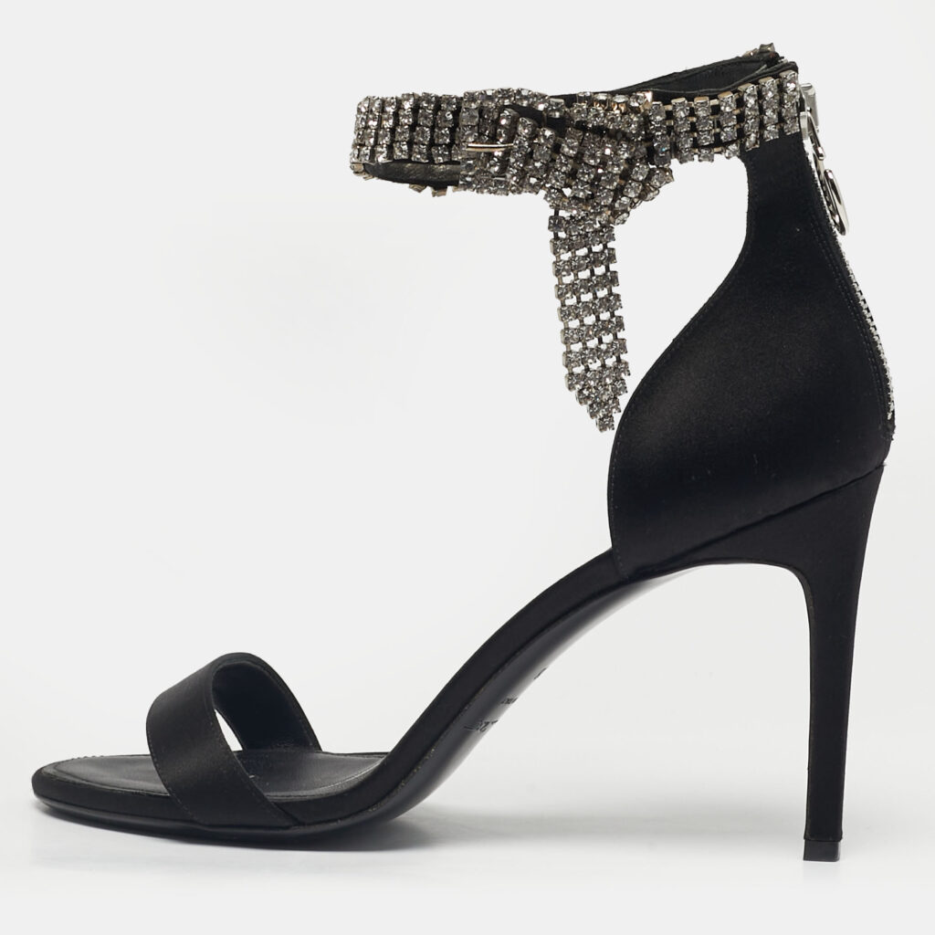 Oscar de la Renta Black Satin Crystal Bow Embellished Ankle Strap Sandals Size 38