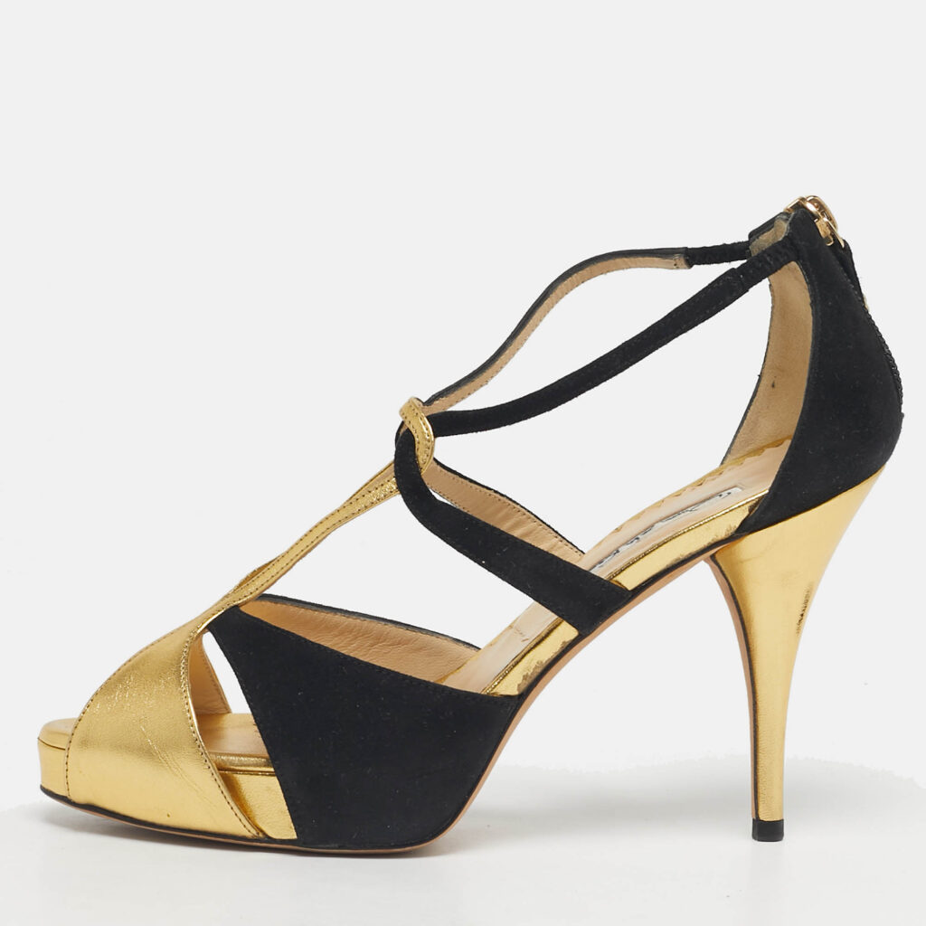 Oscar de la Renta Gold/Black Leather and Suede Ankle Strap Sandals Size 36
