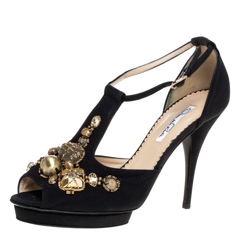 Oscar de la Renta Black Fabric Embellished Platform Ankle Strap Sandals 39.5 Oscar de la Renta Black Fabric Embellished Platform Ankle Strap Sandals 39.5