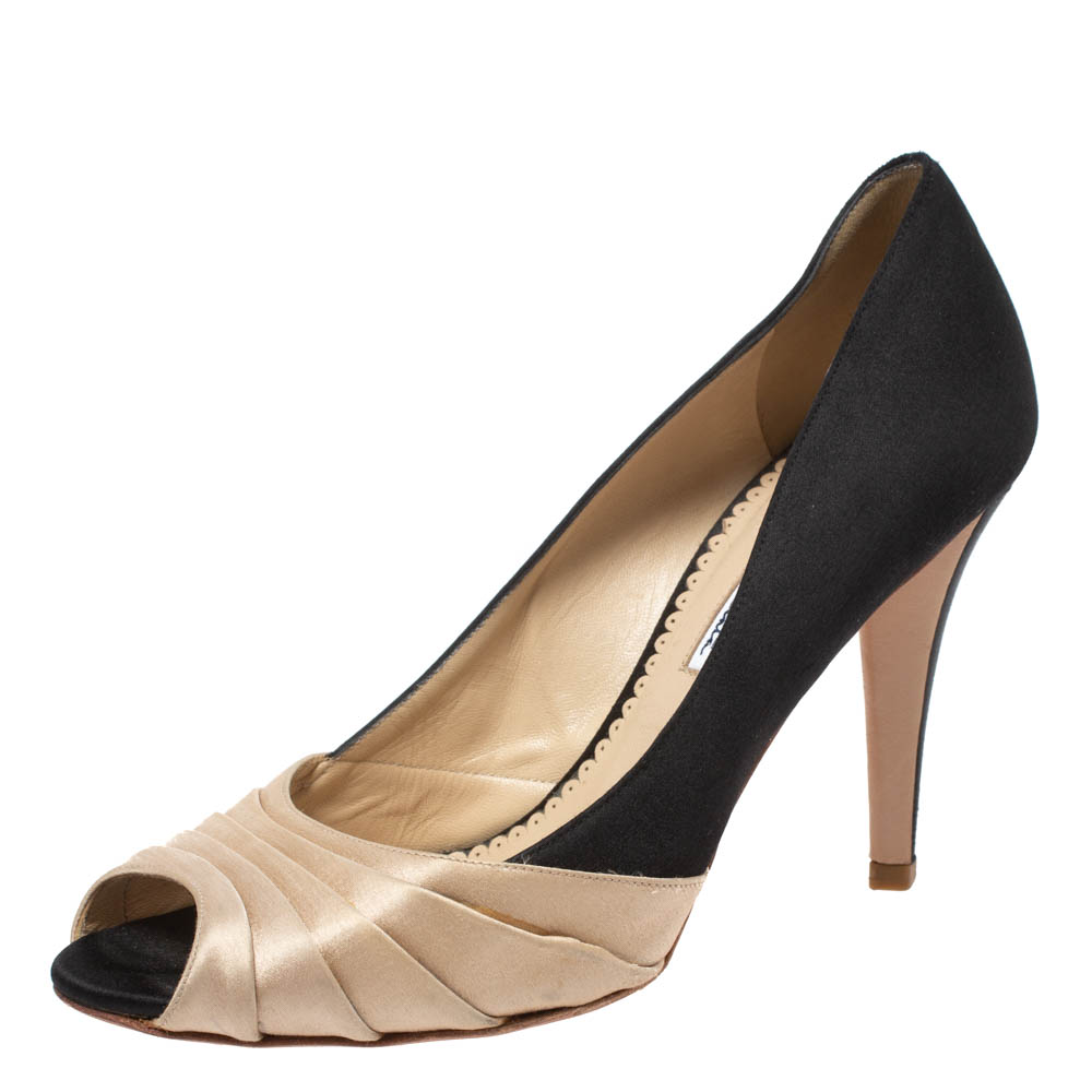 Oscar de la Renta Black/Beige Satin Ruched Detail Peep Toe Pumps Size 37