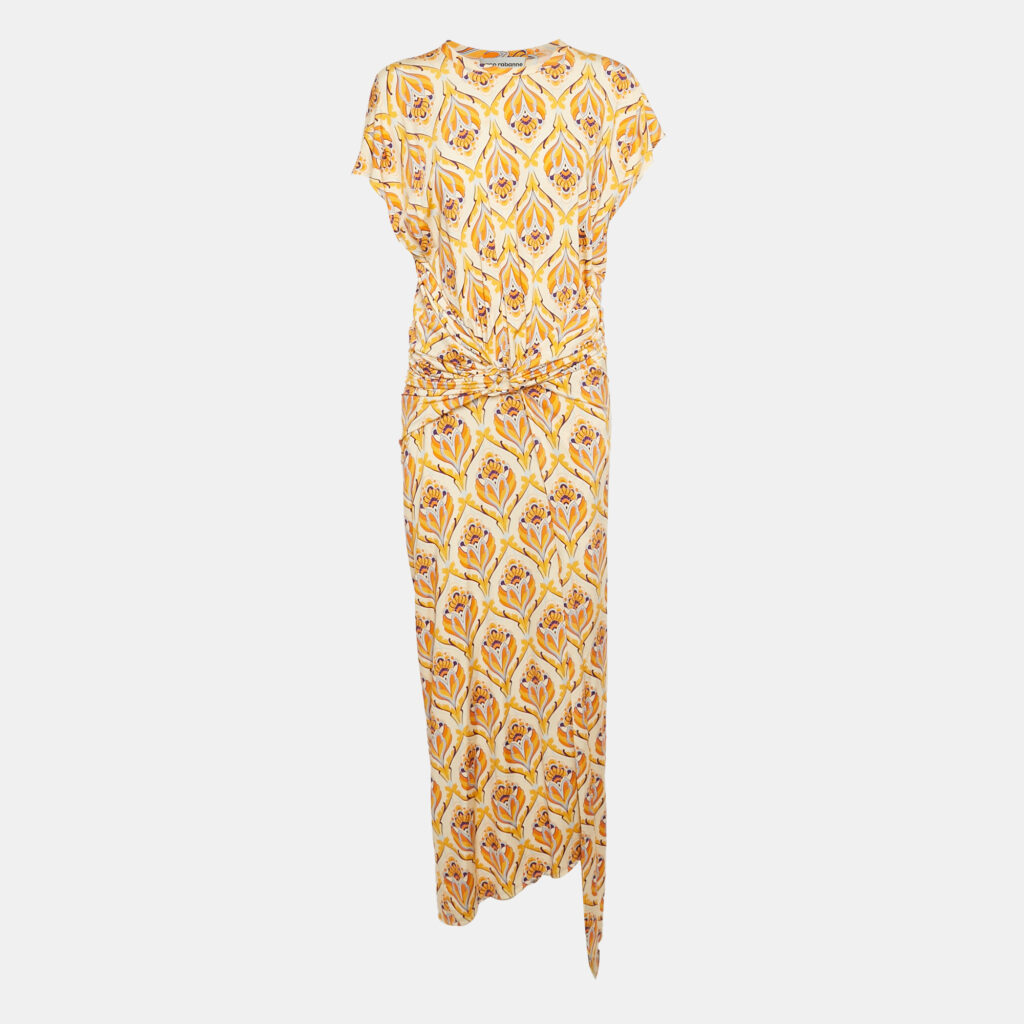 Paco Rabanne Orange Printed Jersey Draped Long Dress L Paco Rabanne Orange Printed Jersey Draped Long Dress L