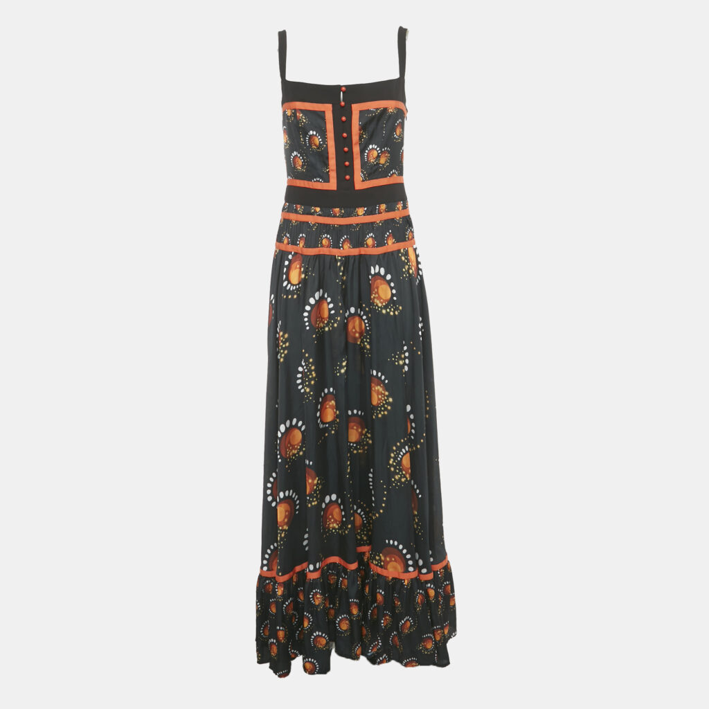 Paco Rabbane Black Printed Satin Flared Maxi Dress L