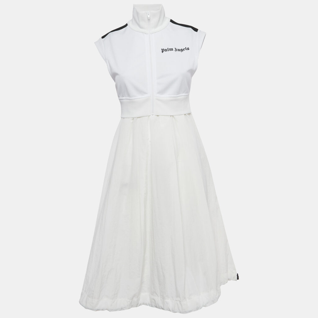 Palm Angels White Logo Print Jersey and Nylon Midi Dress S