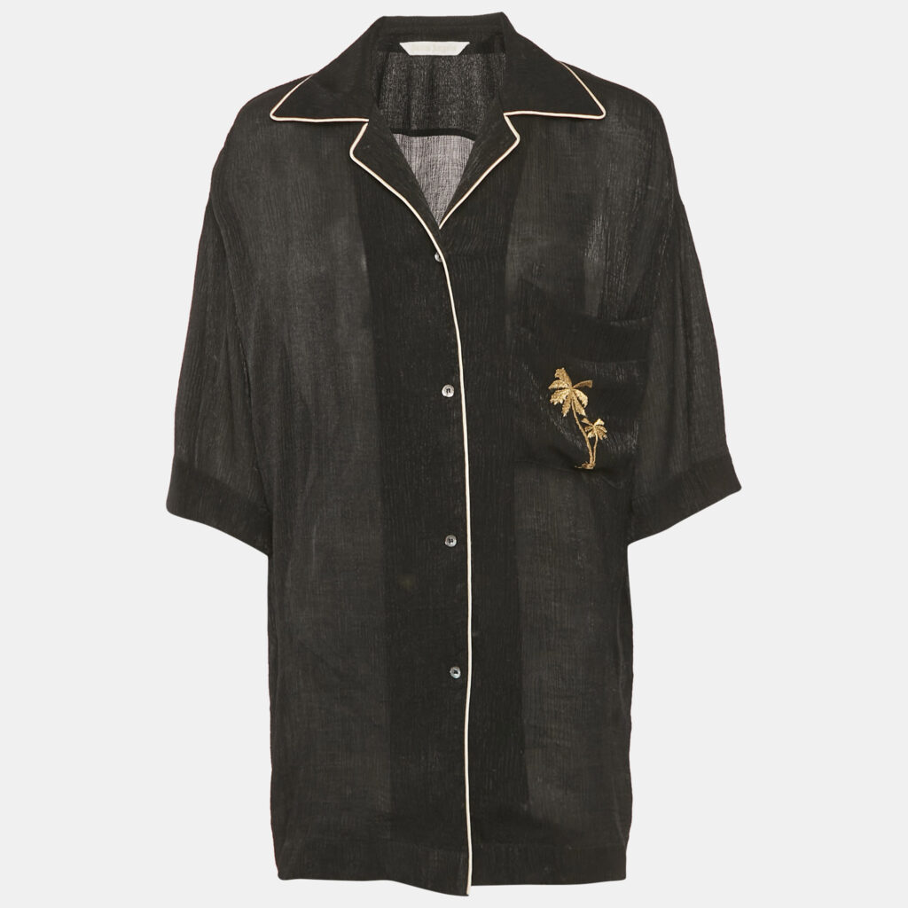 Palm Angels Black Embroidered Crepe Sheer Soiree Pajama Bowling Shirt M Palm Angels Black Embroidered Crepe Sheer Soiree Pajama Bowling Shirt M