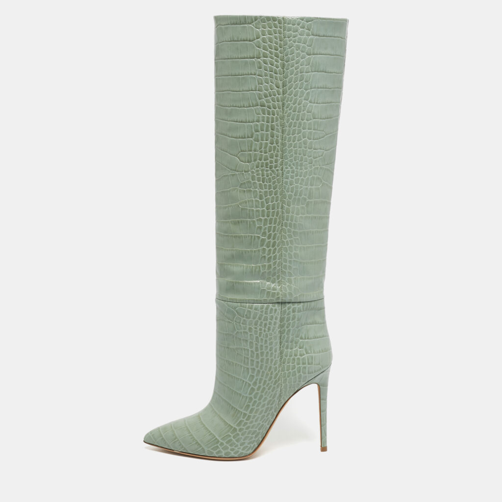 Paris Texas Green Croc Embossed Leather Knee Length Boots Size 39