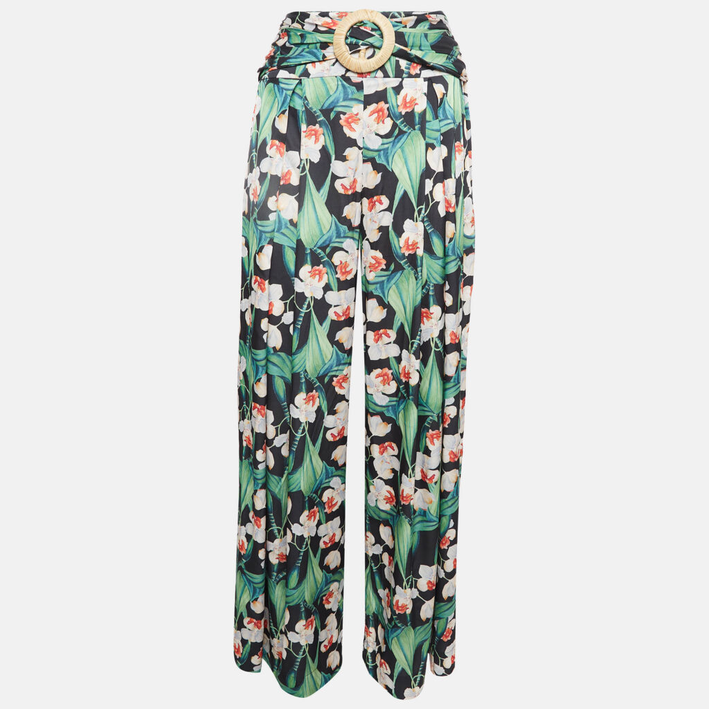 PATBO Black Floral Print Satin Belted Wide-Leg Pants S PATBO Black Floral Print Satin Belted Wide-Leg Pants S