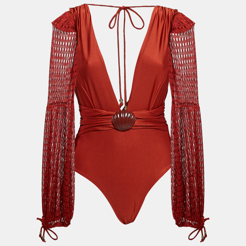 PATBO Brick Red Knit Netted Sleeve Detail Swimsuit L PATBO Brick Red Knit Netted Sleeve Detail Swimsuit L
