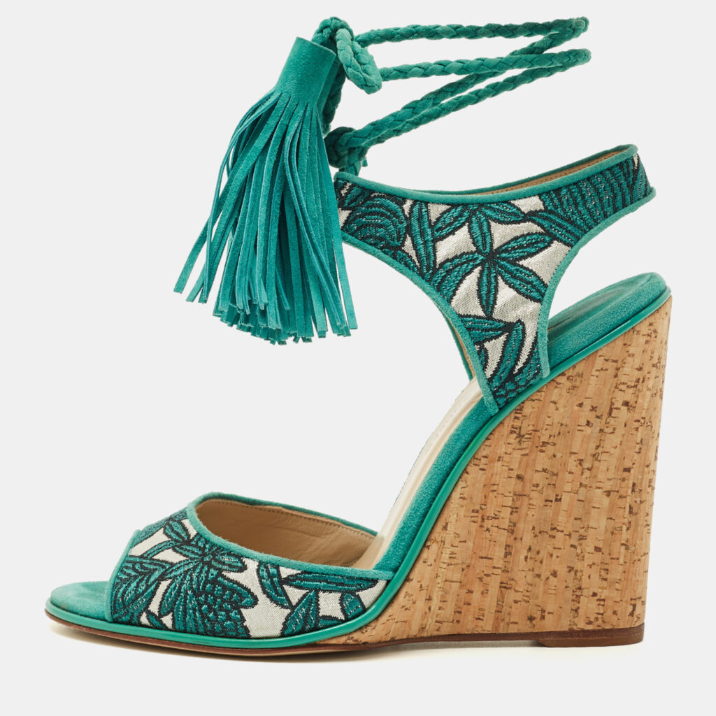 Paul Andrew Blue/Silver Fabric and Suede Ankle Tassel Tie Wedge Sandals Size 40 Paul Andrew Blue/Silver Fabric and Suede Ankle Tassel Tie Wedge Sandals Size 40