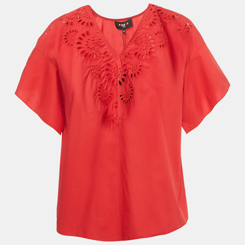 Paule Ka Red Embroidered Cotton Blouse L Paule Ka Red Embroidered Cotton Blouse L