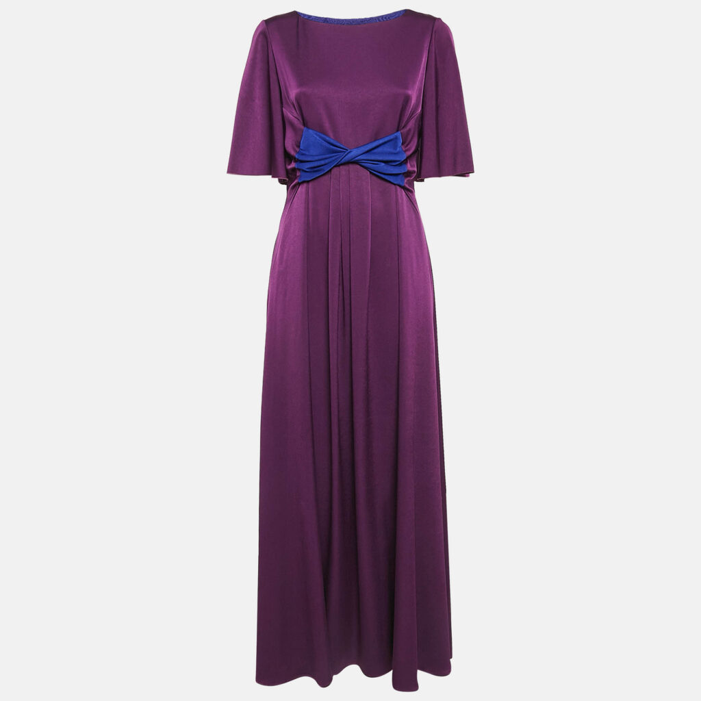 Paule Ka Purple Satin Pleated Bow Detail Maxi Dress M