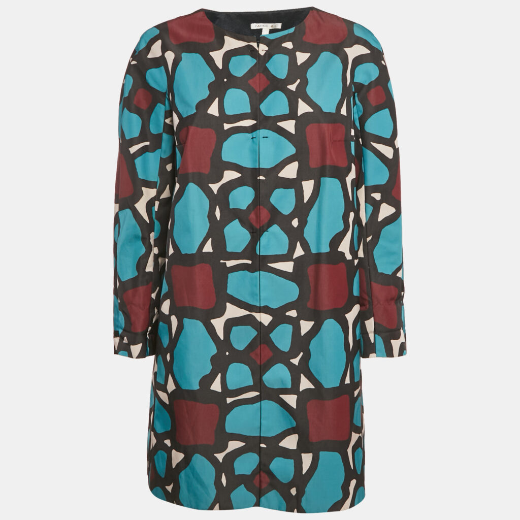 Paule Ka Blue Abstract Print Crepe Round Neck Coat L