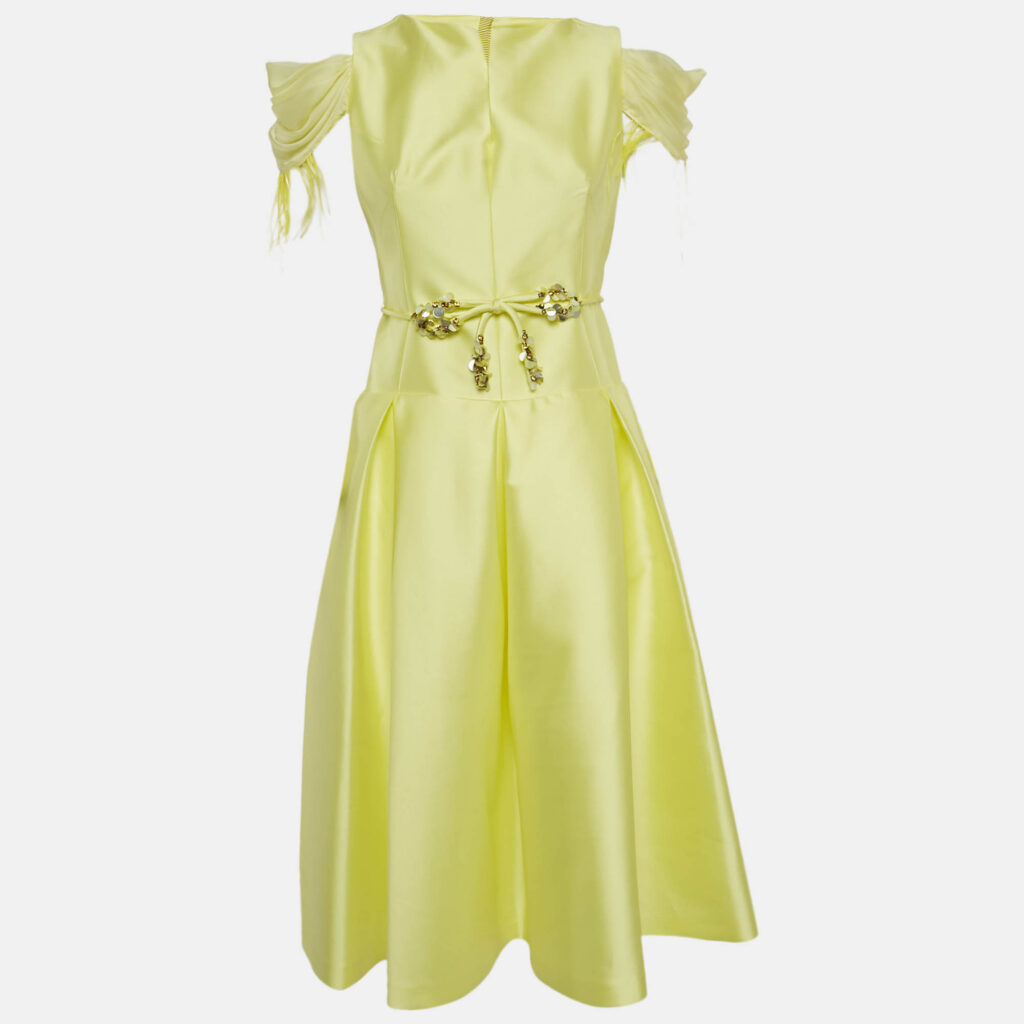 Paule Ka Yellow Feather Trim Taffeta Bow Detail Midi Dress M Paule Ka Yellow Feather Trim Taffeta Bow Detail Midi Dress M