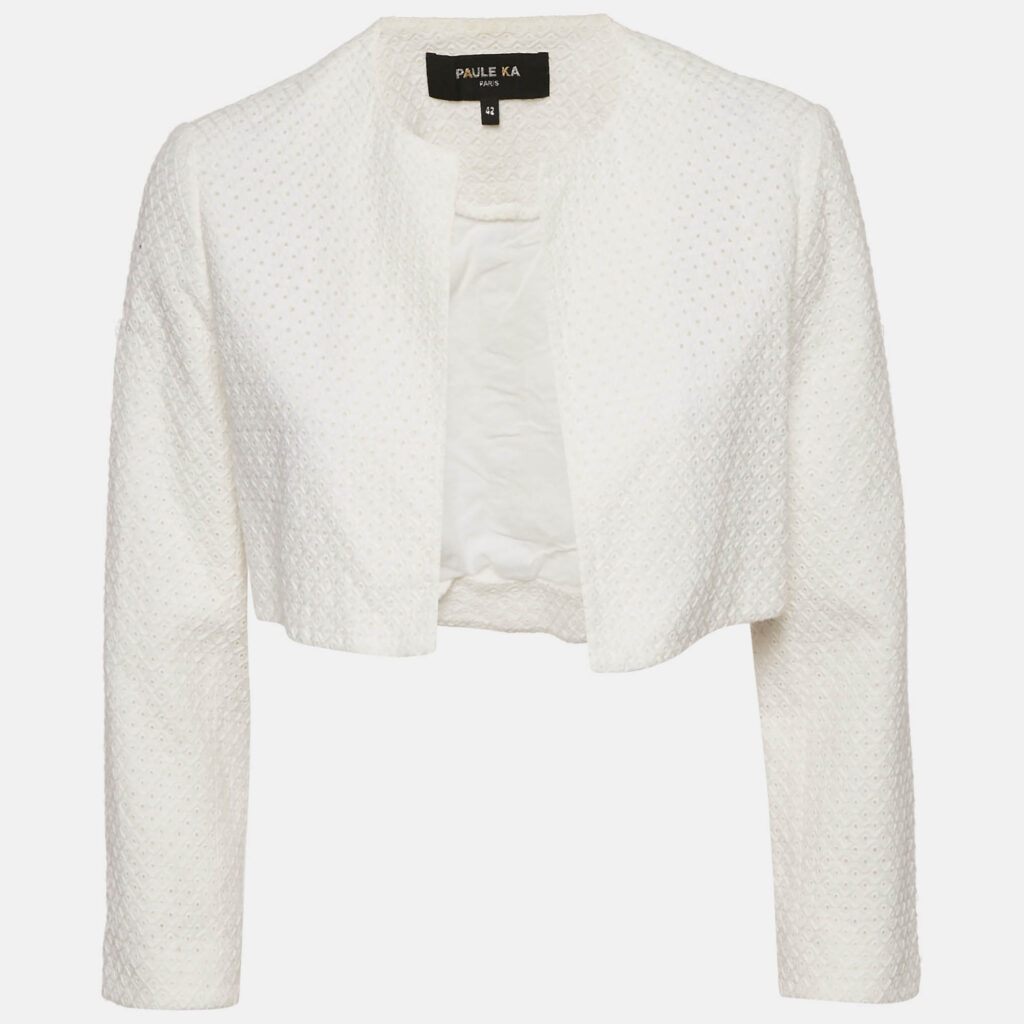 Paule Ka White Broderie Anglaise Cotton Crop Jacket L