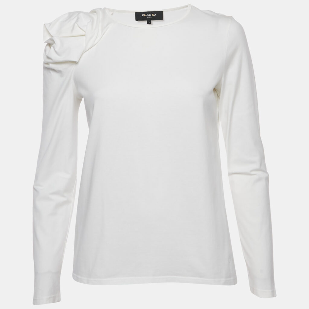 Paule Ka White Jersey Puff Sleeve Top L