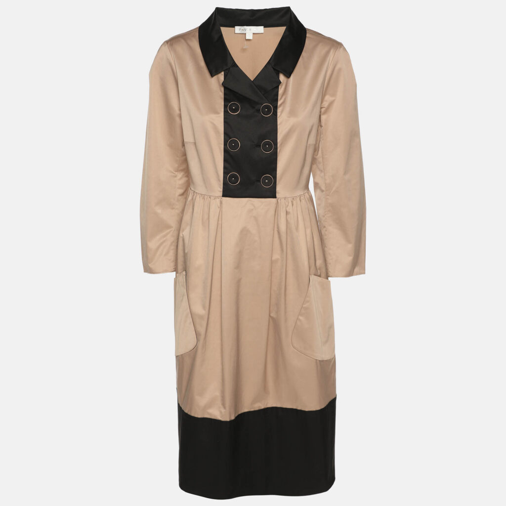 Paule Ka Beige/Black Satin Long Sleeve Shirt Midi Dress M Paule Ka Beige/Black Satin Long Sleeve Shirt Midi Dress M