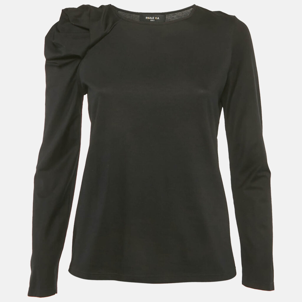 Paule Ka Black Cotton Ruched Sleeve Top L