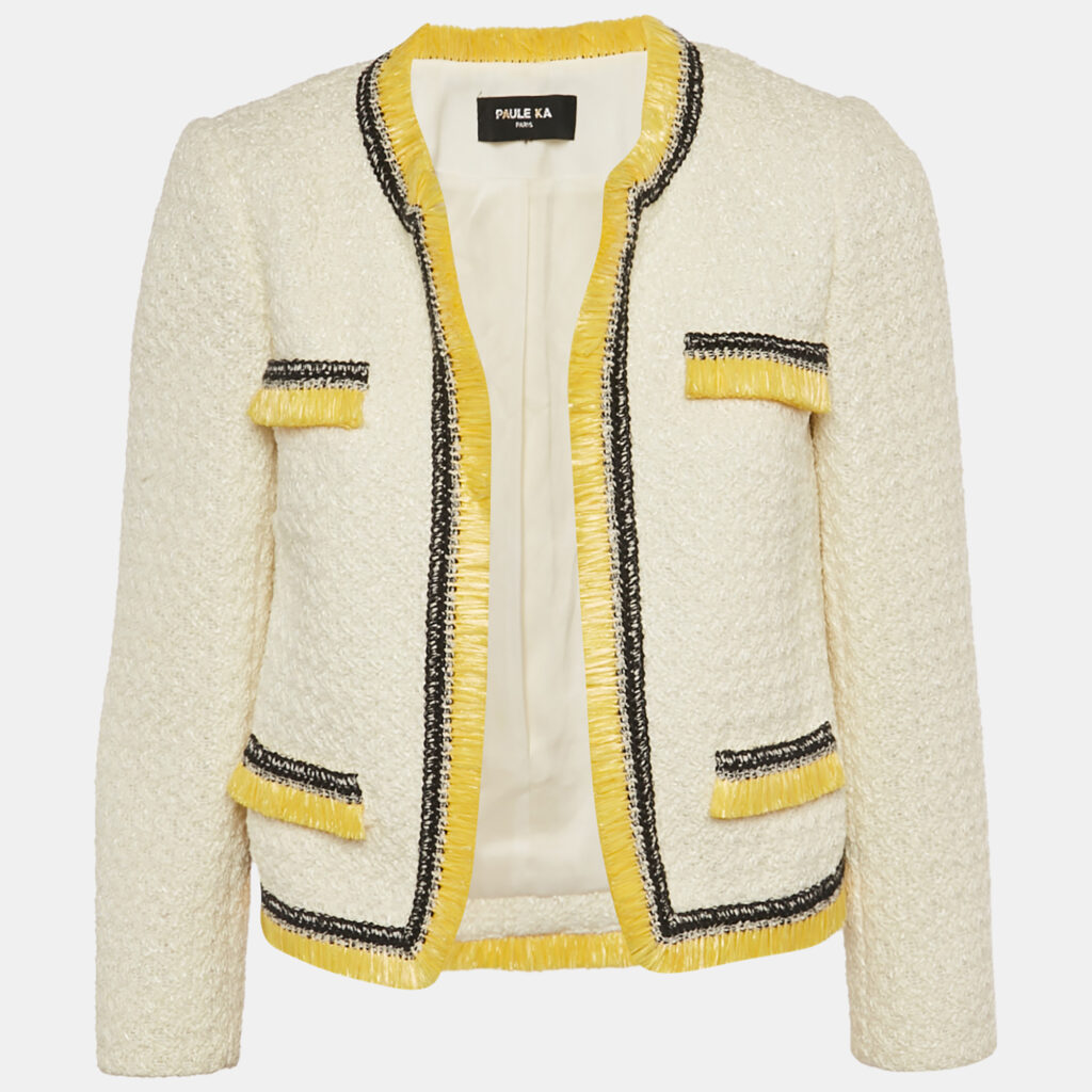 Paule Ka Off-White Textured Cotton Blend Open Front Jacket M Paule Ka Off-White Textured Cotton Blend Open Front Jacket M
