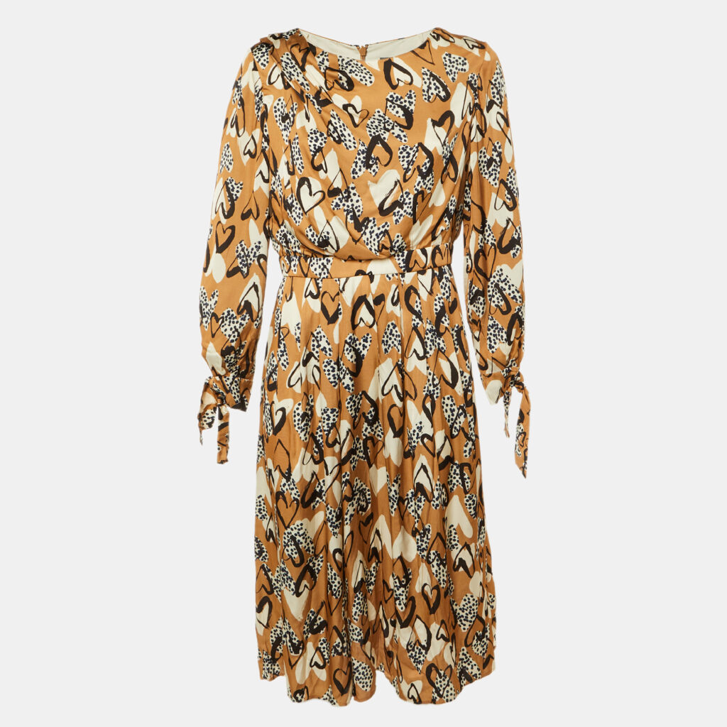 Paule Ka Brown Heart Print Satin Midi Dress L Paule Ka Brown Heart Print Satin Midi Dress L