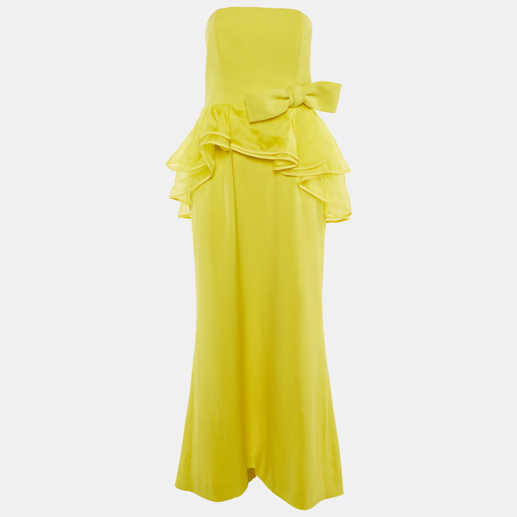 Paule Ka Yellow Crepe Bow & Asymmetric Frill Detail Strapless Maxi Dress L