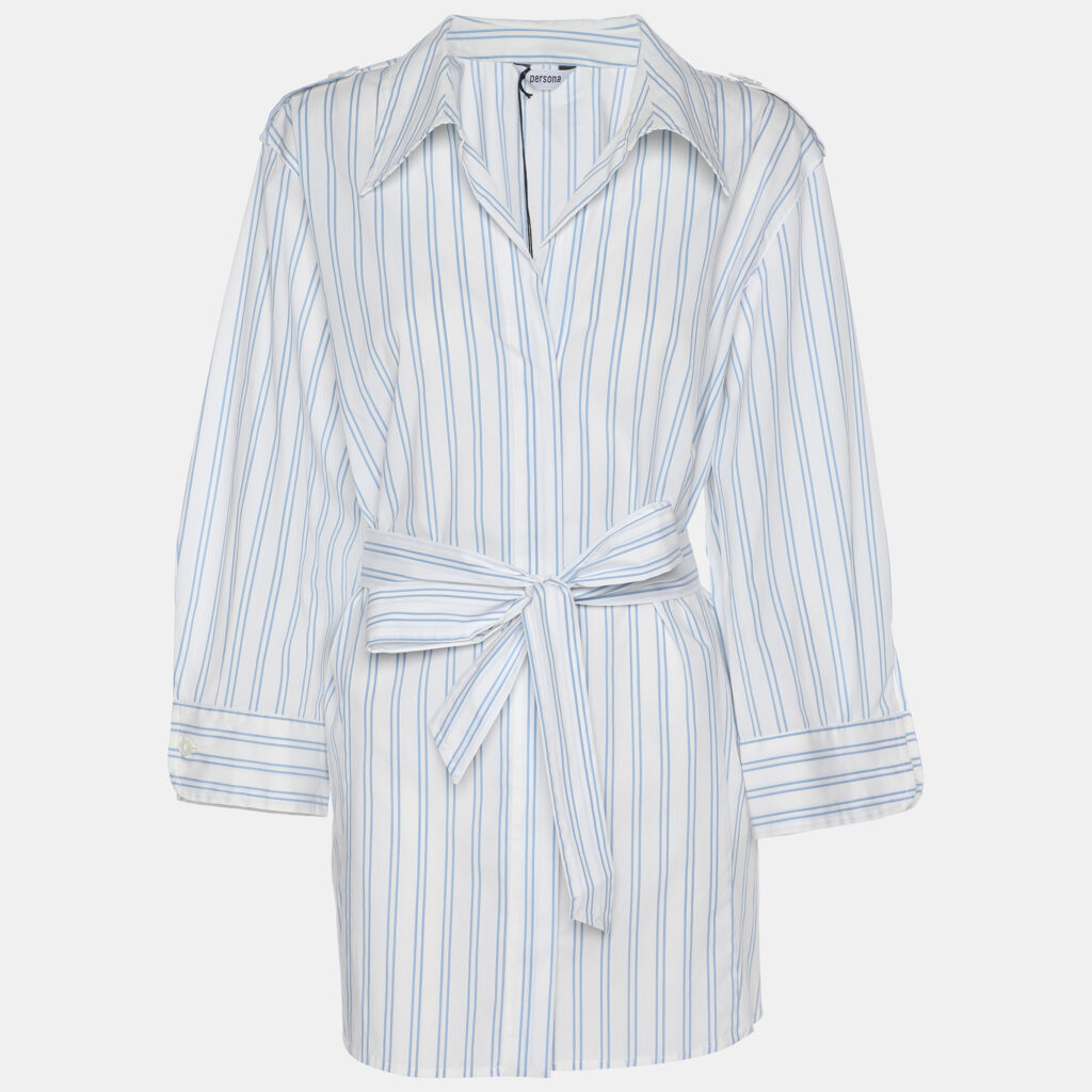 Persona White/Blue Stripe Cotton Belted Shirt Top XL Persona White/Blue Stripe Cotton Belted Shirt Top XL