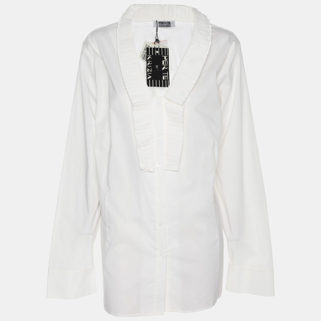 luxury-women-perte-by-krizia-new-clothes-p1186375-001-1.jpg Perte by Krizia White Cotton Blend Ruffle Front Long Sleeve Shirt L