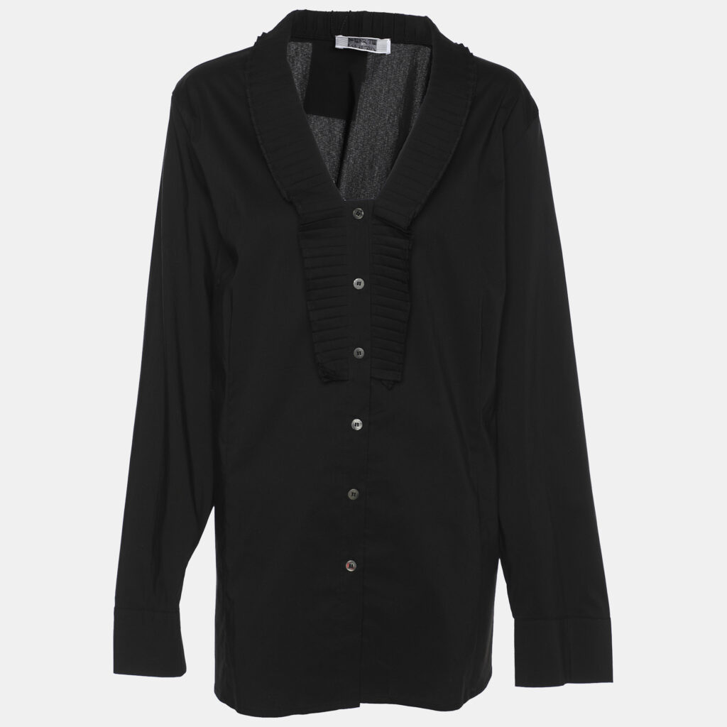 luxury-women-perte-by-krizia-new-clothes-p1186421-001-1.jpg Perte by Krizia Black Cotton Blend Ruffle Front Long Sleeve Shirt L