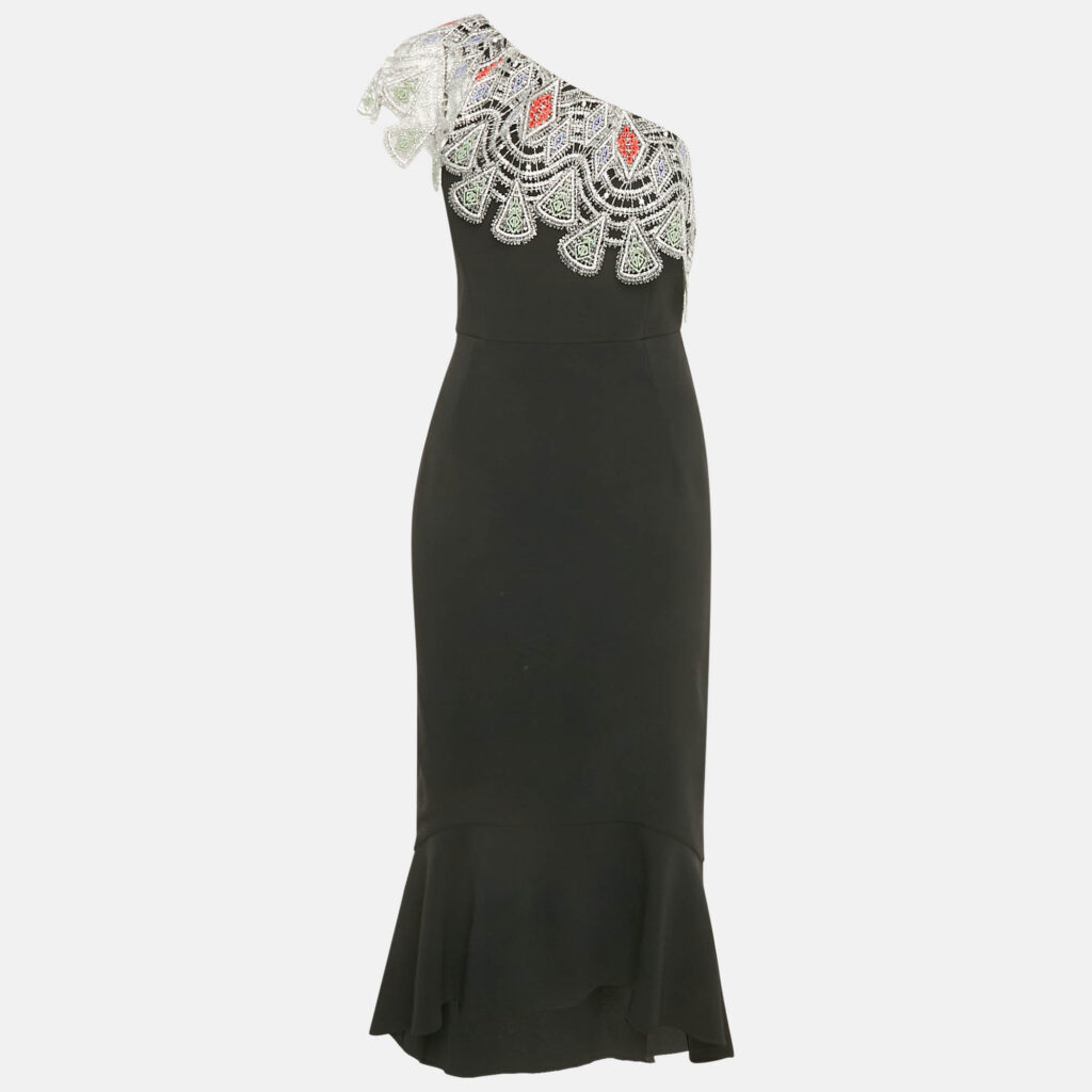 Peter Pilotto Black Crepe Lace Overlay One Shoulder Midi Dress L Peter Pilotto Black Crepe Lace Overlay One Shoulder Midi Dress L