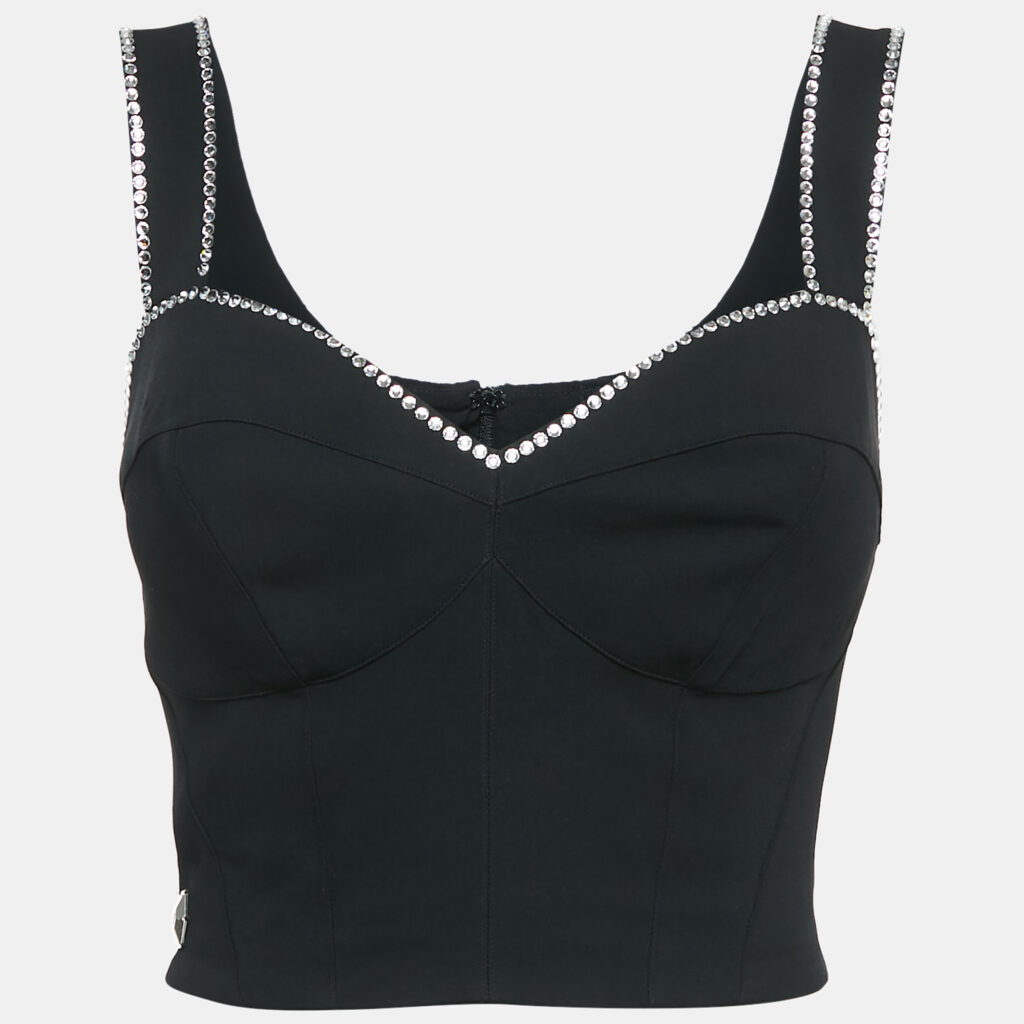 Philip Stein Black Rhinestone Embellished Crepe Bustier Top S