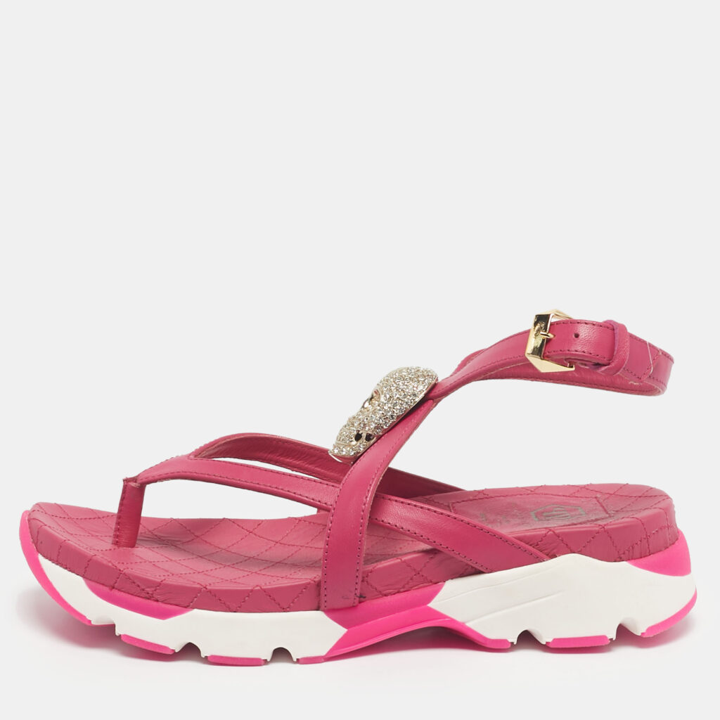Philipp Plein Pink Leather Crystal Skull Flat Sandals Size 36