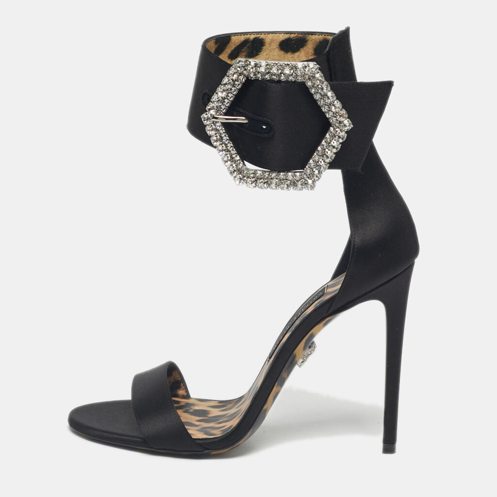 Philipp Plein Black Satin Crystal Embellish Ankle Strap Sandals Size 38 Philipp Plein Black Satin Crystal Embellish Ankle Strap Sandals Size 38