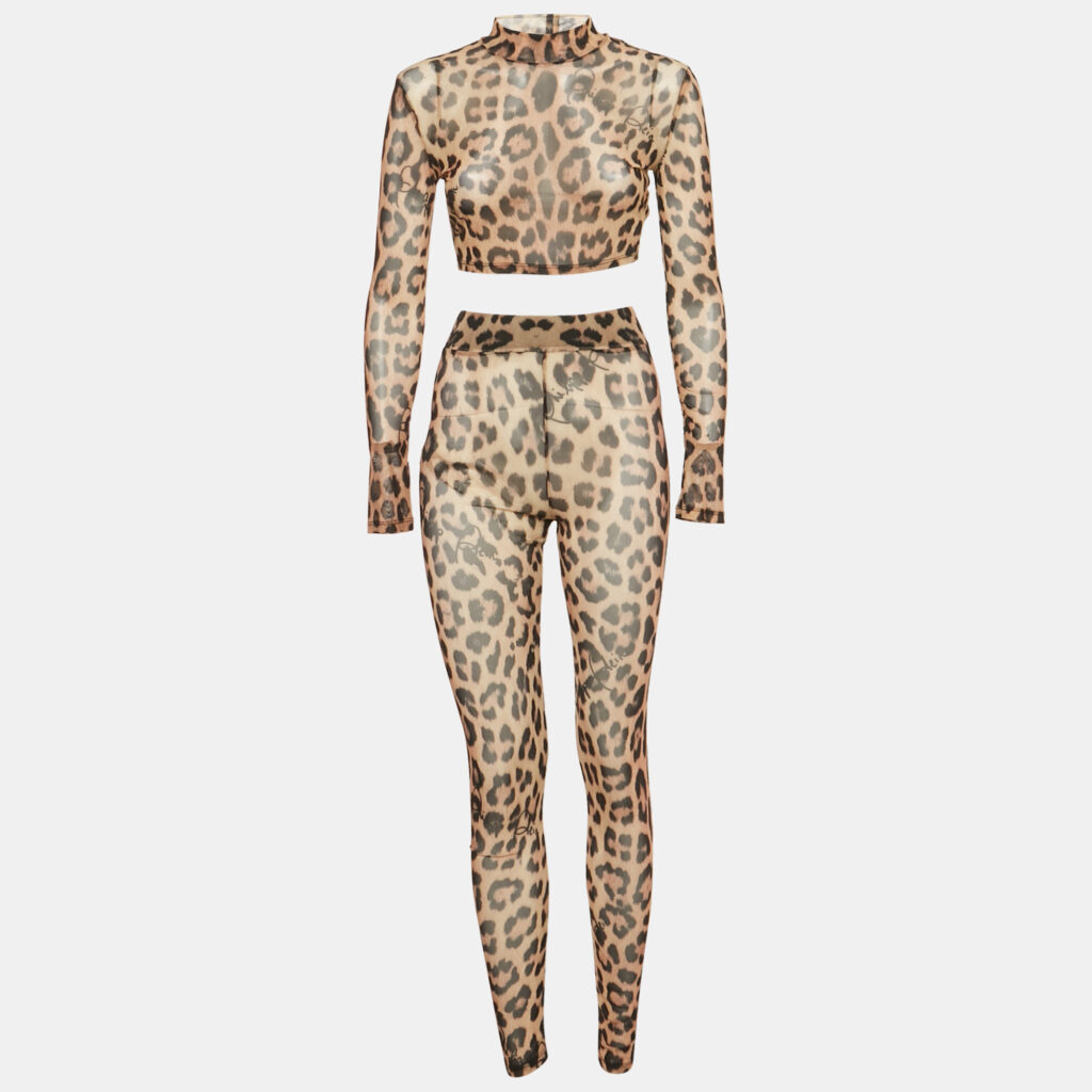 Philipp Plein Leopard Print Stretch Mesh Semi Sheer Top and Leggings Set S Philipp Plein Leopard Print Stretch Mesh Semi Sheer Top and Leggings Set S