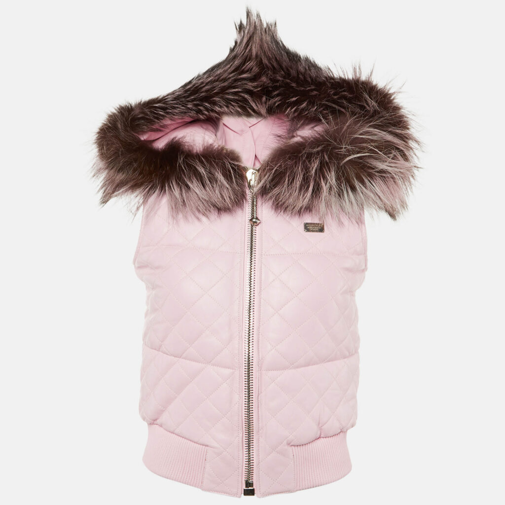 Philipp Plein Pink Leather & Fox Fur Hooded Sleeveless Jacket S Philipp Plein Pink Leather & Fox Fur Hooded Sleeveless Jacket S